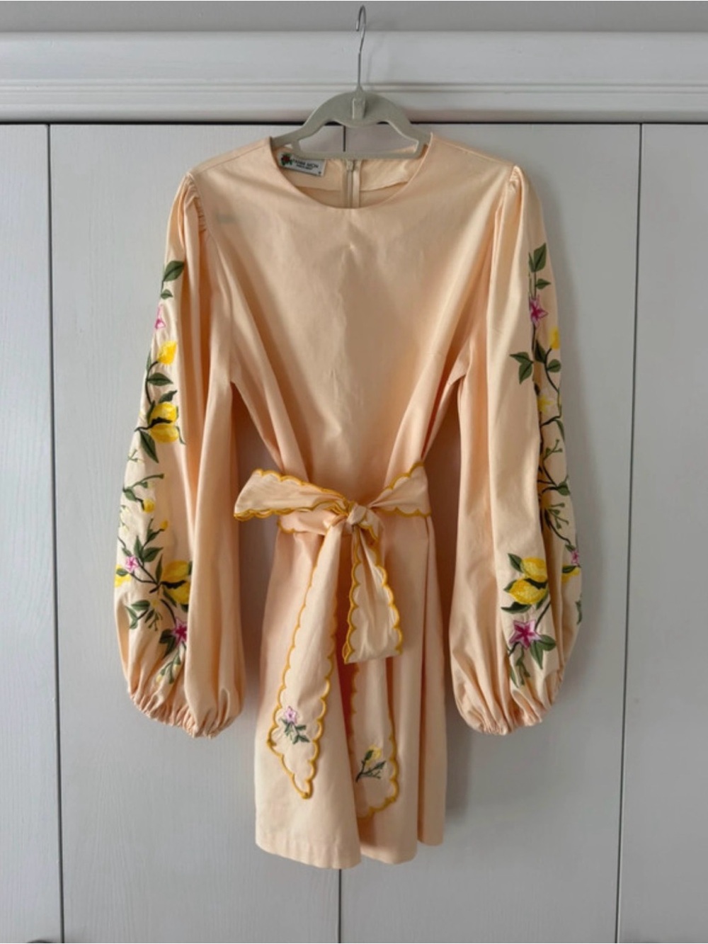 Fanm Mon Butter Yellow Floral-Embroidered Long Sleeve Tie-Waist Dress